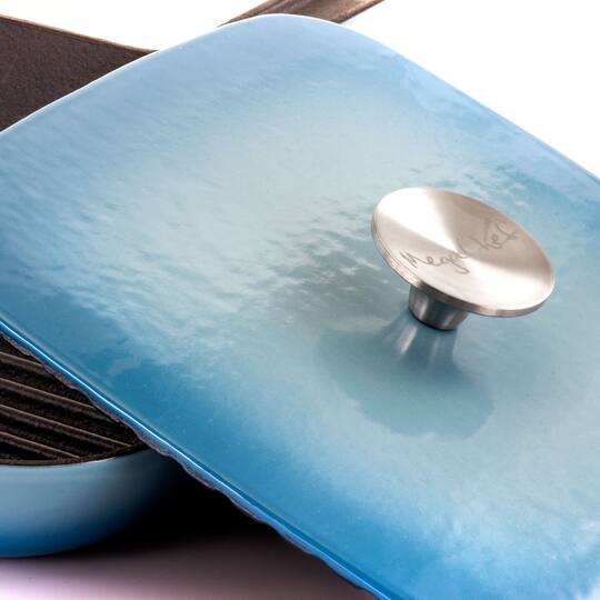 MegaChef 11" Square Blue Enamel Cast Iron Grill Pan with Matching Grill Press